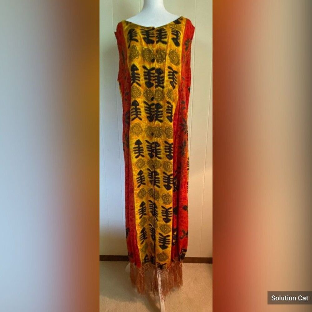 Magic Dress Women’s Medium Orange Multi Pattern Southwest Fringe Maxi